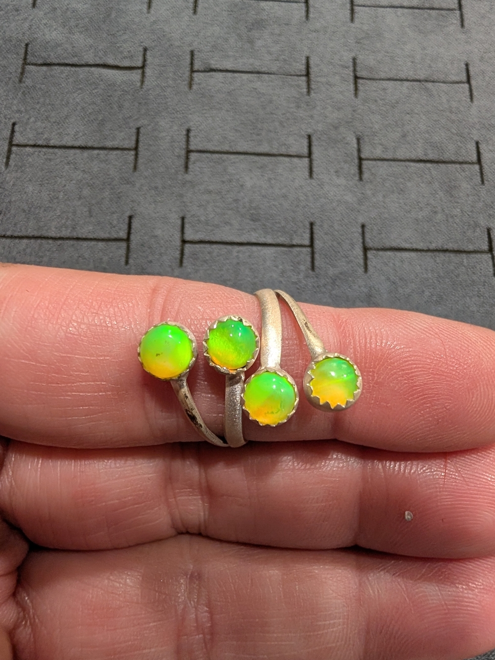 Sterling Silver Neon Green-Orange Opal Cluster Ring